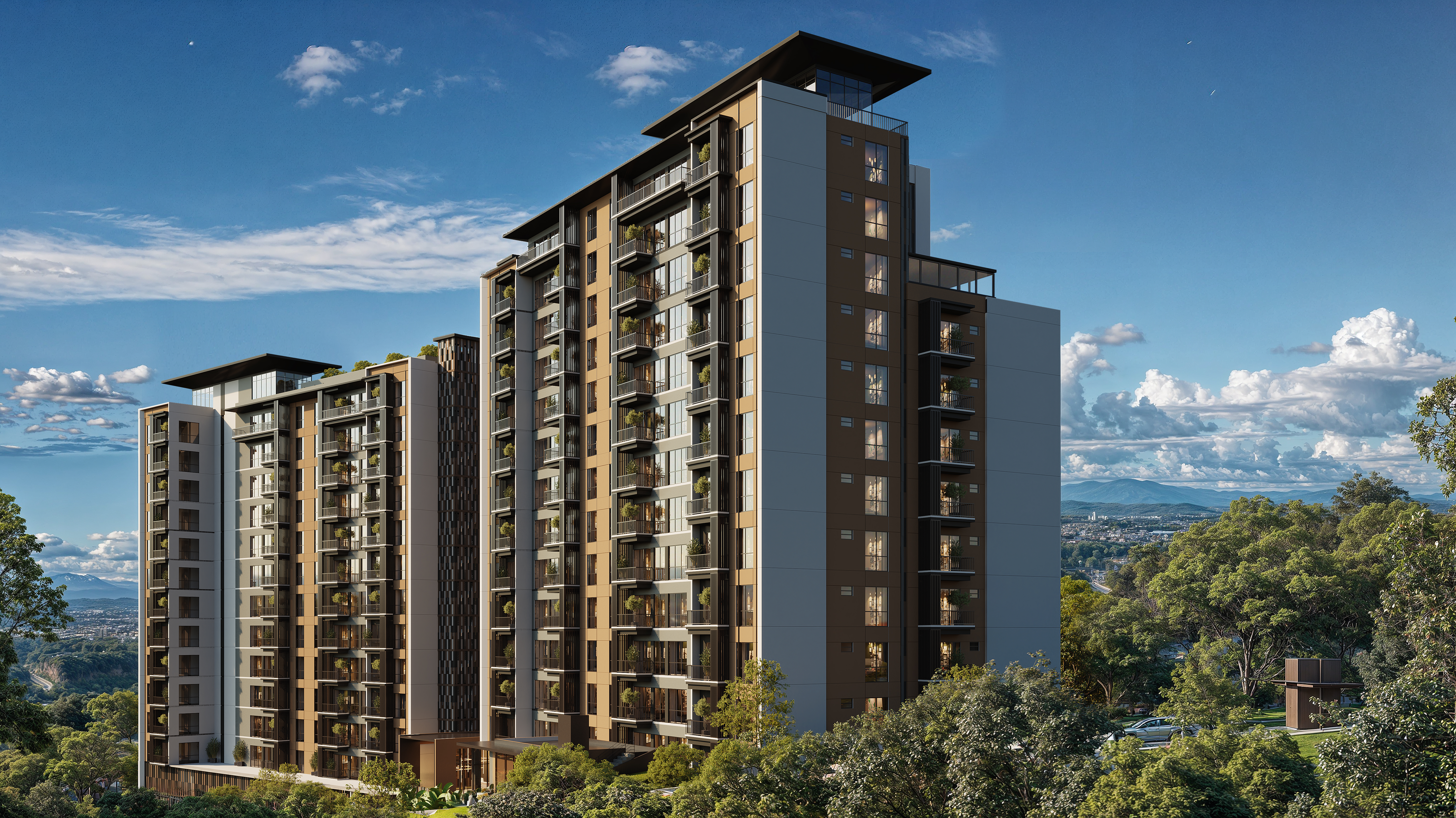 Render exterior de las torres residenciales Valto Ignis en Colonia Escalón, San Salvador
